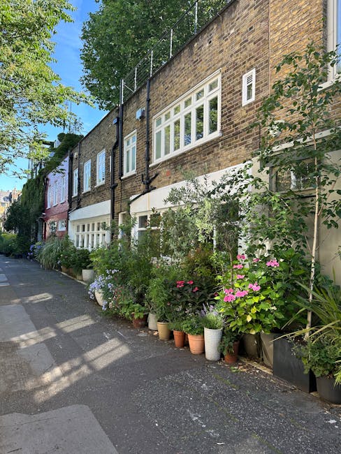 A charming residential street with a row of terraced houses featuring brick facades and white-framed windows. In front of the houses, there is a lush, well-maintained garden bed with a variety of pott